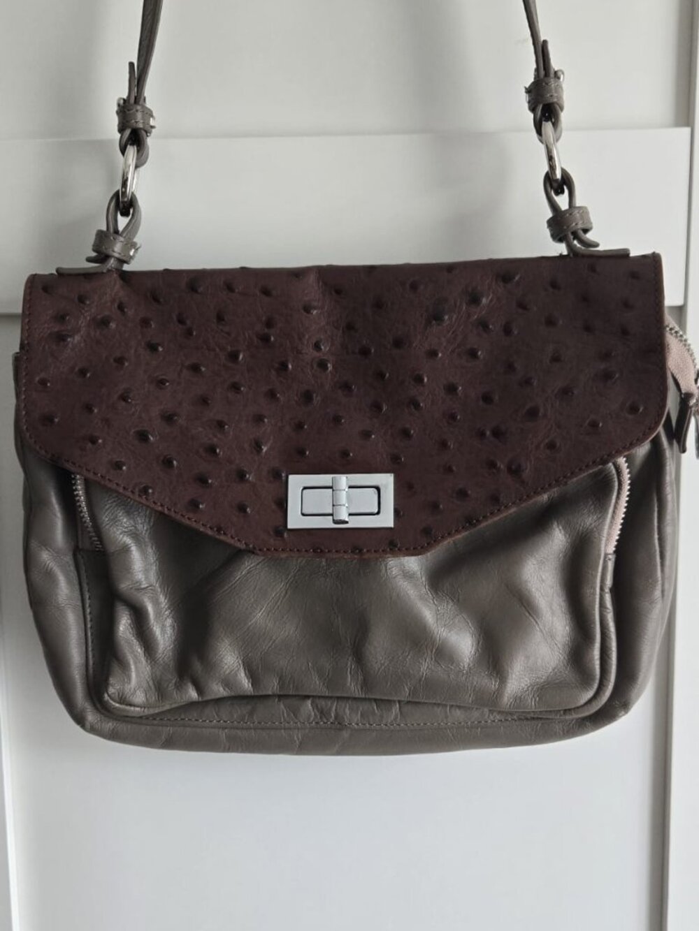 Christopher Kon Leather Ostrich Embossed Flap Shoulder Bag Brown Taupe